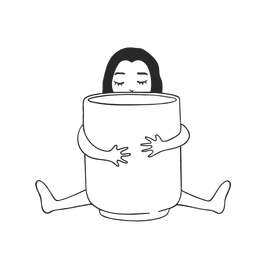 Official brand logo for Rita Esteves Ceramics: A minimalist black-and-white line art illustration of the artist sitting and peacefully hugging an oversized, handmade ceramic vessel, with her eyes closed and face peeking over the rim. 